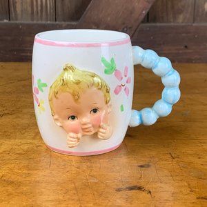 Inarco Midcentury 1950s 1960s Baby Mug Raised Relief Blue Handle "All Gone" MCM